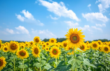 Obraz premium A field of sunflowers with a single sunflower in the foreground