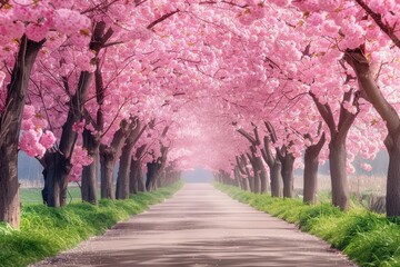 A road lined with pink cherry trees