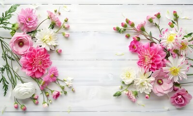 A white background with a pink and white flower arrangement