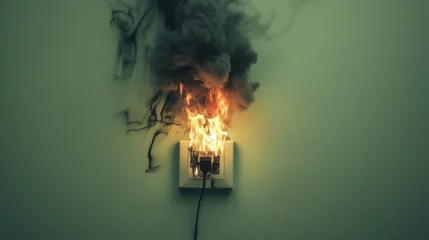 Poster Electrical outlet with a plug inserted into it, from which flames and smoke are emerging, indicating a fire possibly due to an electrical fault. © PiBu Stock