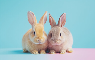 Two cute rabbits sitting on pastel blue background. Generative AI