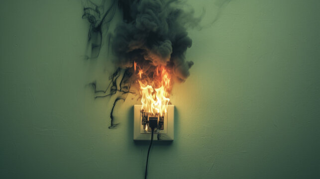 Electrical outlet with a plug inserted into it, from which flames and smoke are emerging, indicating a fire possibly due to an electrical fault.