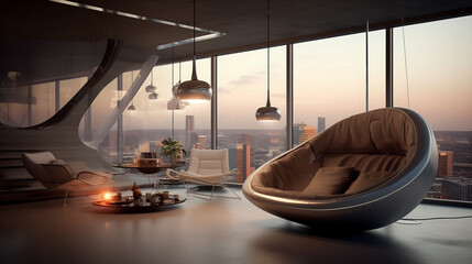 Levitating lounge area in a futuristic apartment, with unique furniture designs defying traditional gravity constraints 