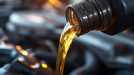 motor oil being poured, showing a golden fluid in motion with a blurred mechanical background - obrazy, fototapety, plakaty