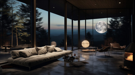 Lounge area with floor-to-ceiling windows, seamlessly merging the interior with the outdoors and the beauty of the moon