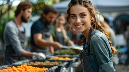 Volunteers serving hot meals to homeless individuals in a caring gesture. Concept Homeless support, Volunteering, Hot meals, Caring gesture, Community service