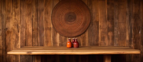 Fototapeta premium A wooden shelf displaying two bottles on top of it, placed against a wooden wall in an African restaurant located in Sodwana Bay, KwaZulu Natal, South Africa, and Southern Mozambique.