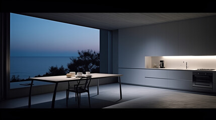  Minimalist kitchen design with a strategically placed window allowing the soft moonlight to illuminate the culinary space