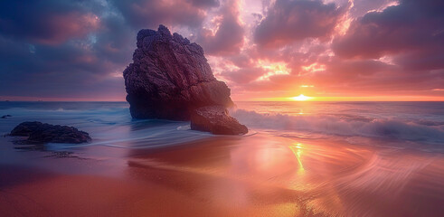 Massive solitary rock in the sunset sea, captured in a long-exposure shot, creating a moody landscape