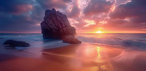 Foto op Plexiglas Massive solitary rock in the sunset sea, captured in a long-exposure shot, creating a moody landscape © Falk