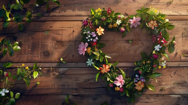 Heart Wreath of Spring Flowers on Rustic Wood for Love's Beauty