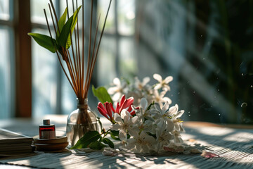 air freshener and a flower on a table