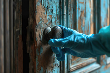 disinfectant and a glove on a doorknob - obrazy, fototapety, plakaty