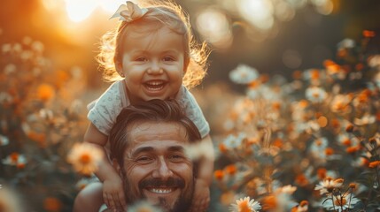 Young couple, baby girl or laugh together for freedom, bond or holding hands for care, backyard or garden, dad and daughter on shoulders with mom, happiness or love in summer sunlight. - obrazy, fototapety, plakaty