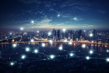 Fototapeta na wymiar Nighttime Cityscape Across Water: Reflection of City Lights on Water Surface 