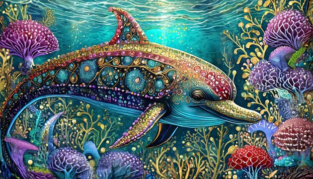 Fabulous dolphin underwater. Art card