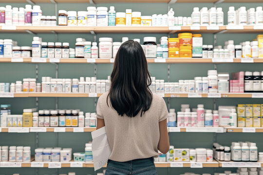 A Woman Standing In Front Of A Pharmacy Shelf, Holding A Prescription And Looking At The Labels Of Different Medicine Bottles