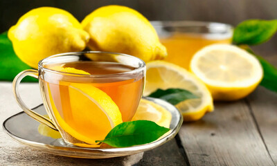 cup of tea and lemon on the table. Selective focus.