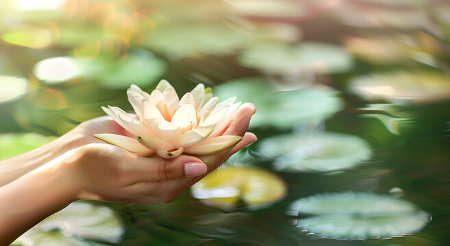 A beautiful lotus flower in a woman's hands. Copy space.