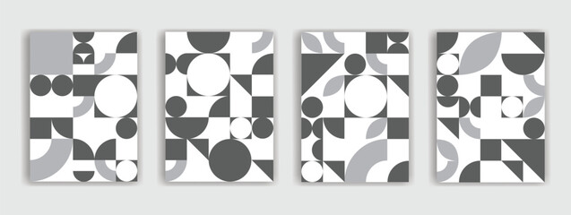 Geometric poster. Grid with color geometrical shapes. Modern abstract promotional flyer background vector illustration set. Geometric template poster, brochure neo pattern