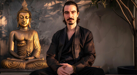 Obraz premium A man sitting on a bench, against the background of a Buddha statue. Copy space.