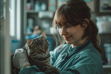 Veterinarian examining a cat in clinic. Close-up with medical equipment in background. Pet...
