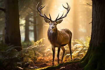 Majestic Stag in Sunlit Forest: A Serene Encounter