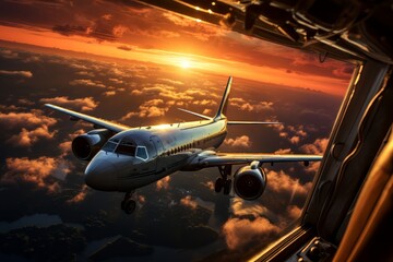 Dramatic View of Airplane Mid-Flight at Sunset from Another Aircraft