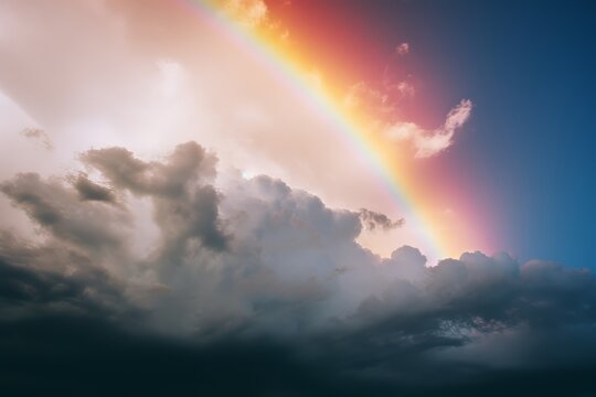 Vivid Rainbow Amidst Dark Clouds in a Dramatic Sky