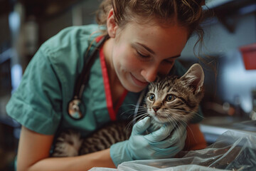 Young veterinarian holding a kitten. Soft focus on the animal, clinic background. Veterinary care services - obrazy, fototapety, plakaty