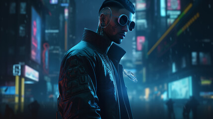 A hacker who has tattoos on his body wearing virtual reality goggles on cyberpunk cityscape,3D Illustration
