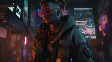 A hacker who has tattoos on his body wearing virtual reality goggles on cyberpunk cityscape,3D Illustration
