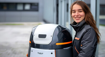 Joyful woman with a smile receiving a package from a robot courier. Modern delivery emphasizes efficiency and customer satisfaction in an innovative society. Banner with cop space.