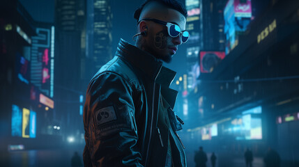 A hacker who has tattoos on his body wearing virtual reality goggles on cyberpunk cityscape,3D Illustration
