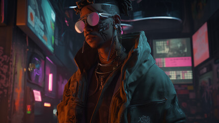A hacker who has tattoos on his body wearing virtual reality goggles on cyberpunk cityscape,3D Illustration
