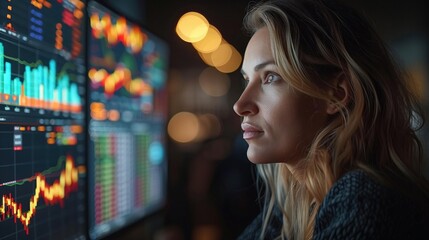 Person with long blonde hair looks at screens showing stock market data in dimly lit room.