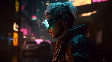 A hacker who has tattoos on his body wearing virtual reality goggles on cyberpunk cityscape,3D Illustration
