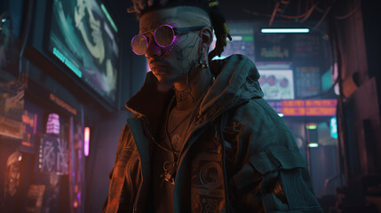 A hacker who has tattoos on his body wearing virtual reality goggles on cyberpunk cityscape,3D Illustration

