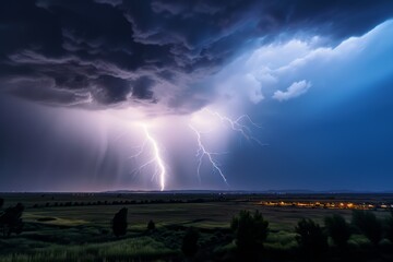 Intense Thunderstorm Over Fields with Bright Lightning Illuminating the Night Sky