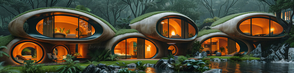 Futuristic eco-friendly pod houses in forest at dusk - obrazy, fototapety, plakaty