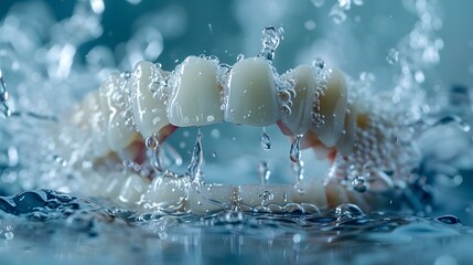 Closeup of mouth rinse splashing on tooth promoting dental care products. Concept Dental Hygiene, Mouthwash Splash, Oral Care, Dental Products, Closeup Photography