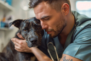 Veterinarian bonding with a black mixed-breed dog. Compassionate animal care in veterinary practice - obrazy, fototapety, plakaty