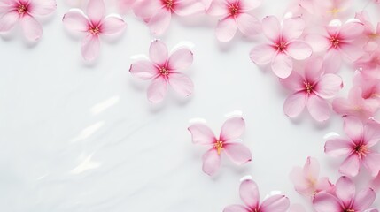 Beautiful delicate flowers on a white background. The texture of the water. Small waves, ripples on the water. Background for Women's Day, Valentine's Day.