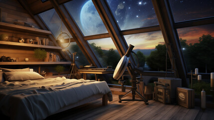 Observatory-themed room with a telescope near a spacious window, creating a perfect setting for moon observation