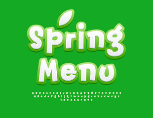 Fototapeta premium Vector eco concept Spring Menu with decorative Leaf. Creative Green Font. Bright set of Alphabet Letters and Numbers.