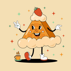 Comic flat creamy Waffle with face on decorated background. Vector cartoon illustration in groovy retro style with nice wafer. Retro image of cute tasty character with smile for advertising or banner