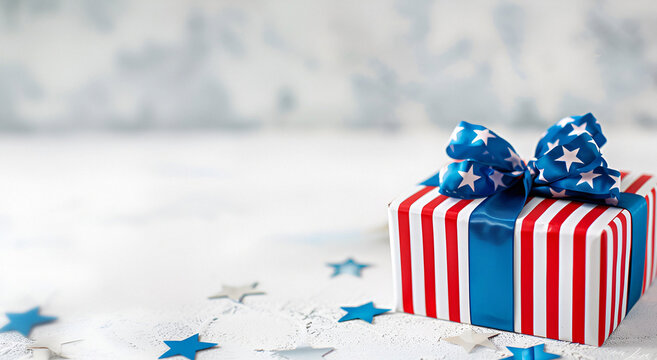 Gift boxes in the style of the American flag and stars on a light background. Banner with cop space.