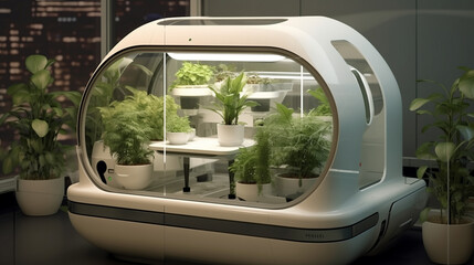 Fototapeta premium Robotic plant care system in a future greenhouse-inspired living space, introducing a unique approach to indoor gardening