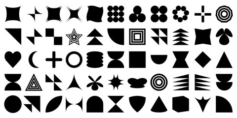 Set of abstract vector retro geometric shapes. A collection of modern shapes, stars, flowers, glitter, circles in a groovy 70s style. Shapes of geometric design elements.