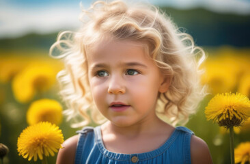 A little girl among flowering plants in sunlight. Child allergy to flowering and pollen of plants. Spring exacerbation of allergy to flowers and flowering plants, allergy medications